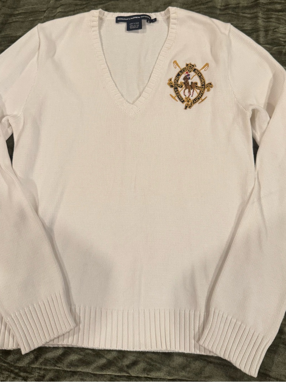 Ralph Lauren Cream V-Neck Sweater with Embroidered Crest